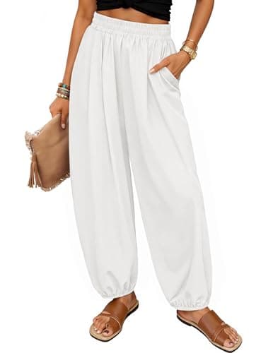 ZESICA Women's High Waisted Wide Leg Palazzo Pants 2026 Summer Lounge Pant Beach Travel Vacation Trousers Outfits White Meidum
