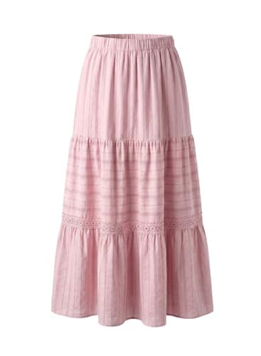 BLENCOT Women's Boho Tiered Maxi Skirt Cotton Gypsy Hippie Style Crochet Lace Long Skirts for Women Vacation and Beach Pink 2X-Large - Thumbnail 6