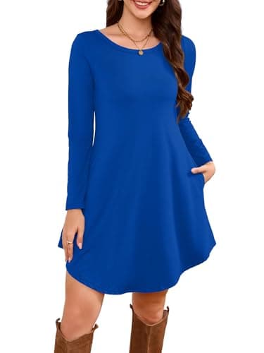 DEARCASE Women's Long Sleeve T Shirt Dress Dark Blue Medium Crewneck Knee Length Loose Casual Flowy Swing Tunic Dresses with Pockets - Image 1