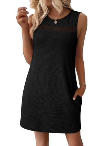 EVALESS Dresses for Women 2026 Spring Summer Casual Beach Dresses Fashion Sleeveless Cut-Out Mini Dress Crewneck Sundress Vacation Outfits with Pockets Black Small - Image 1