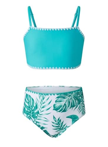 blibean Tween Girls Swimsuit Teen Two Piece Bathing Suit Big Kids Hawaiian Bikini Sets Junior High Waist Swimwear Floral Boho Swimming Suits Beach Traje Baño Niñas Size 12-13 Year Old Turquoise - Image 1