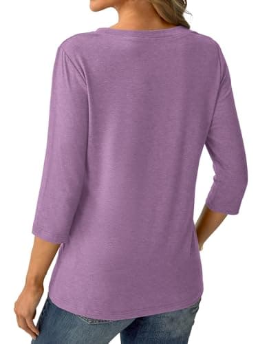 Womens Tops 3/4 Sleeve V Neck Spring Summer Work Tunic Shirts Business Dressy Casual Blouses A- Purple - Thumbnail 5