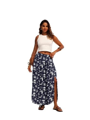 HiMONE Elegant Long Skirt for Women Boho Maxi Skirt with Elastic Waist Side Slit for Church Office Spring Wear - Thumbnail 5