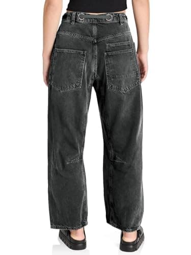 PLNOTME Womens Baggy Barrel Horseshoe Jeans Wide Leg Patchwork Low Rise Denim Pants with Pockets Grey - Thumbnail 5