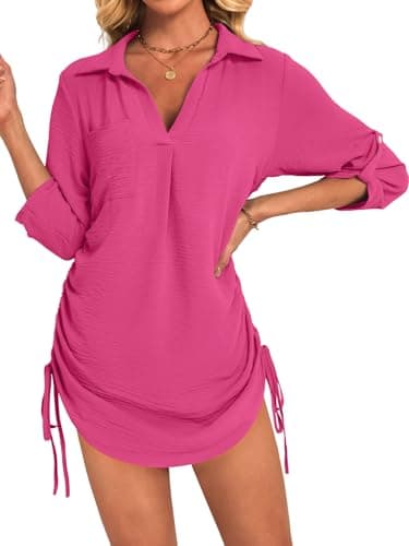 GKBK Women Swimsuit Coverup Bathing Suit Cover Ups for Swimwear Swim 2026 Ladies Summer Going Out Outfits Fashion Clothes Pool Bikini Beachwear Drawstring Beach Dress Shirt Rose Red S - Thumbnail 2
