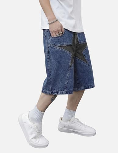Vamtac Mens Baggy Jorts Y2K Jean Shorts Star Shorts Loose fit Wide Leg Hip Hop Skateboard Denim Short Blue Small/30 - Thumbnail 4
