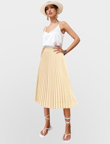 Women's Midi Skirt Elastic High Waist Pleated Skirt Knee Length Swing A-Line Casual Flowy Skirts 2025 Champagne,L - Thumbnail 4
