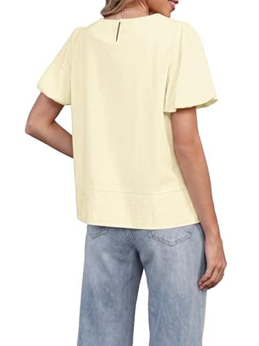 Funlingo Womens Summer Babydoll Tops Short Puff Sleeve Blouses Casual Loose Fit Flowy Crew Neck Pleated Shirts Fashion Clothing Beige XL - Thumbnail 3