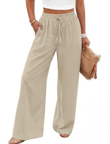Women's Summer Wide Leg Palazzo Pants High Waisted Flowy Trendy Casual Lounge Boho Beach Trousers with Pockets Apricot L - Image 1