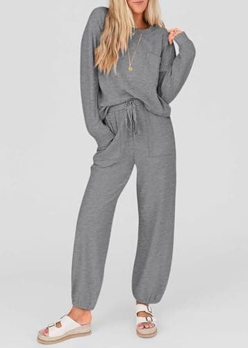 KIRUNDO Lounge Sets for Women 2026 Spring Airport Travel Outfits Ribbed Knit Tops Jogger Pants Tracksuit Postpartum Comfy Set(Grey, X-Large) - Thumbnail 3