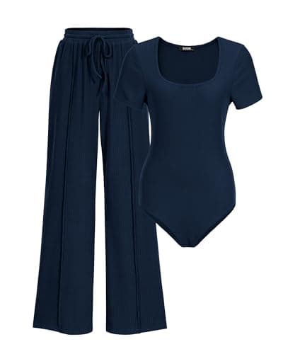 BTFBM Womens Spring 2 Piece Outfits 2026 Summer Square Neck Short Sleeve Drawstring Pants Knit Lounge Matching Sets(Navy, Small) - Image 1
