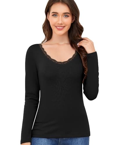 Ganado Long Sleeve Shirts for Women Lace V Neck Thermal Shirt Fitted Basic Tops Plain Layering Undershirts (Black, Medium) - Image 1