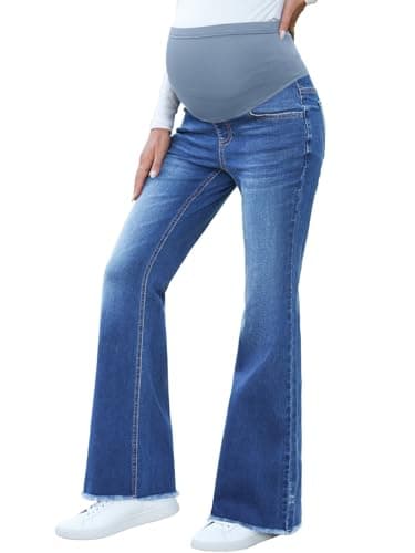 BLENCOT Womens Maternity Jeans Over Belly Pregnancy Pants Stretch Pregnant Denim Flare Leg Comfort Fit with Pockets for Expecting Moms P604 Blue S - Image 1