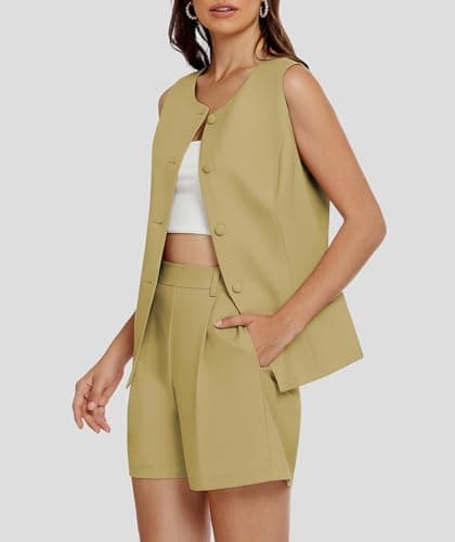 Casly Lamiit Two Piece Short Sets for Women 2025 Summer Sleeveless Work Waistcoat Dressy Casual Outfits Matching Professional Casual Suit Mustard Yellow L - Thumbnail 2