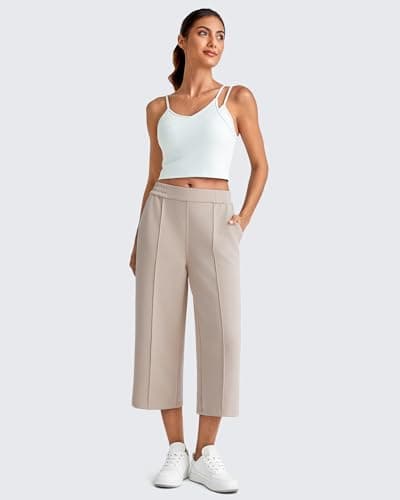 G4Free Khaki Pants for Women Capri Pants High Waist Stretchy Wide Leg Yoga Pants Loose Sweatpants Travel Lounge Pants(Light Khaki,M,Regular) - Thumbnail 5