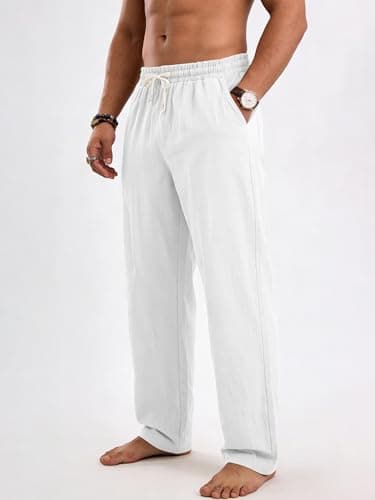 TRFIC Men's Linen Pants Casual Beach Summer Pant Elastic Waist Drawstring Lightweight Trousers - Thumbnail 2