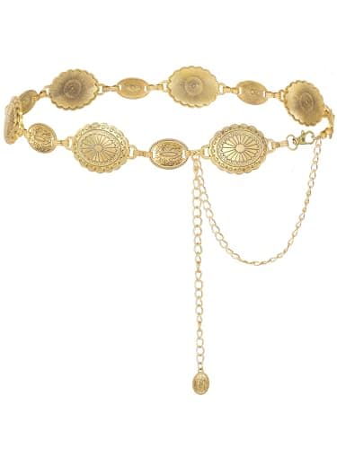 FIORETTO Western Chain Belt for Women, Metal Cowboy Cowgirl Waist Chain with Oval Conchos, Boho Country Concert Outfits for Women for Dress & Jean, Gold, Length 49inch - Image 1