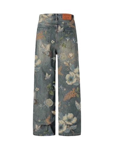 Aelfric Eden Plant Flower Print Baggy Jeans Men Harajuku Wide Leg Jeans Y2k Hip Hop Boyfriend Denim Pants Blue - Thumbnail 3