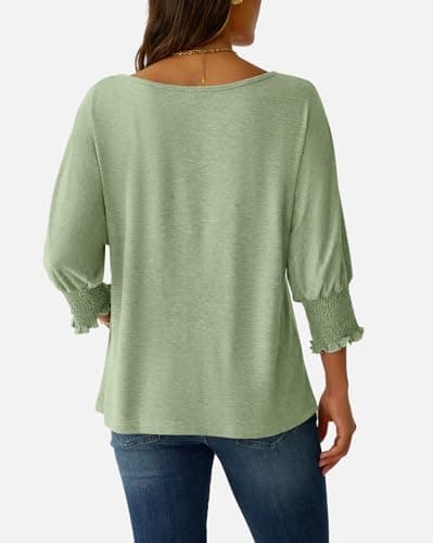 NORACORA 3/4 Sleeve Womens Tops Fall Clothes Casual Spring Summer Lightweight Loose Fit Basic Tunic Shirts Business Dressy Casual Blouses with Smocked Cuffs Grass Green XL - Thumbnail 4