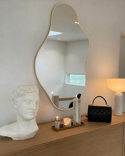 potijo Irregular Wall Mirror 20×36 Inch Wall Mirrors Decorative Gold Modern Asymmetrical Abstract Mirror for Bathroom Bedroom Living Room Entryway Hallway - Image 1