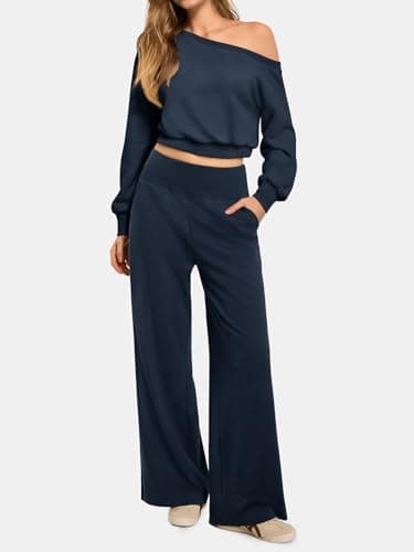 ATHMILE Navy Blue Sweatpants Womens Wide Leg High Waist Baggy Lounge Casual Pants Fall Winter Spring Clothes with Pockets - Thumbnail 4