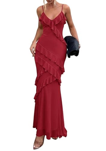 PRETTYGARDEN Women 2026 Wedding Guest Cocktail Maxi Dress Spaghetti Strap Sleeveless V Neck Bodycon Mesh Party Summer Outfits (Red,XX-Large) - Image 1