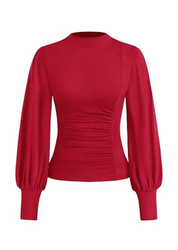 KIRUNDO Blouses for Women Dressy Casual 2026 Spring Tops Fall Puff Long Sleeve Shirts Fitted Mock Neck Ruched Trendy Tops(Red, Medium) - Image 1