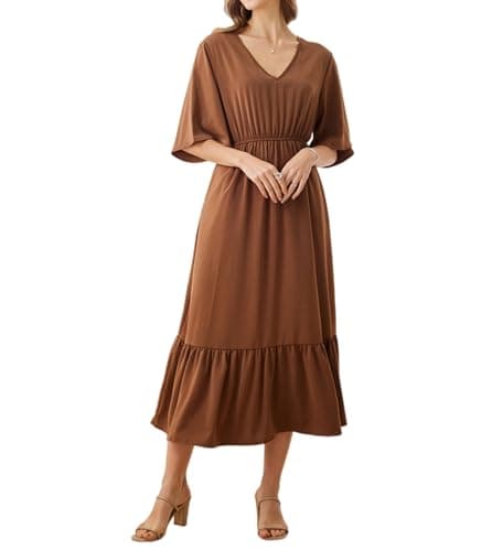 Women's Caramel Cognac Brown Terracotta High Empire Waist Formal Dress with Pockets Ladies V Neck Enco Half 3/4 Three Quarter Sleeve Maxi Long Casual Summer Fall Loose Fit Dresses for Seniors - Image 1