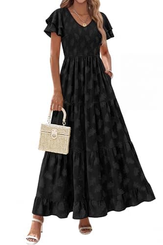 dowerme Maxi Dresses for Women 2026 Summer Ruffle Sleeve V Neck Smocked A Line Floral Boho Tiered Sundress Spring Outfit(Black,X-Large) - Image 1