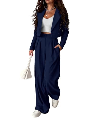 KIRUNDO Womens Blazers for Work Casual Long Sleeve Cropped Blazer Pleated Wide Leg Pants Sets 2 Piece Outfits Spring Fall Fashion Teacher Clothes(Navy, XX-Large) - Image 1