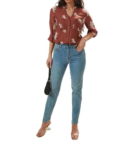 Women's Long Sleeve Sheer Floral Embroidered See Through Button Down Blouse Lightweight Boho V Neck Shirts X-Large YG010 Wine Red XL - Thumbnail 3