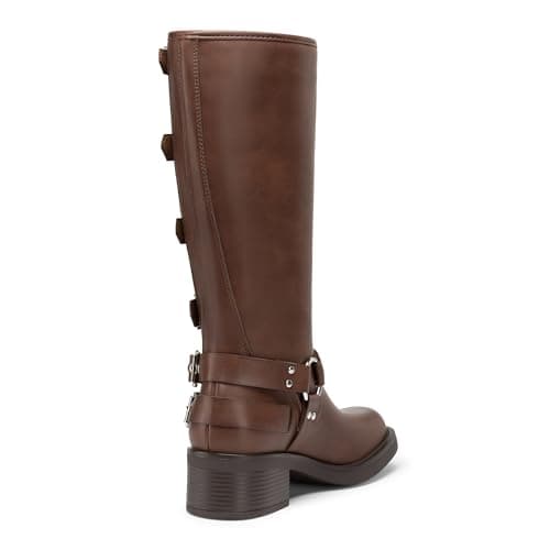 Athlefit Women's Knee High Riding Boots Fashion Buckle Square Toe Pull On Chunky Heel Wide Calf Biker Boots Tan Size 10 - Thumbnail 5