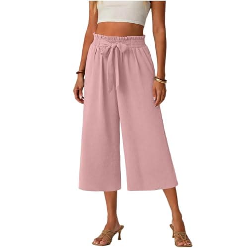 Gaucho Pants for Women, Wide Leg High Waisted Cotton Women's Palazzo Capri Pants with Pockets and Drawstring, Lightweight Breathbale Casual Summer Womens Culottes Pink XL - Image 1