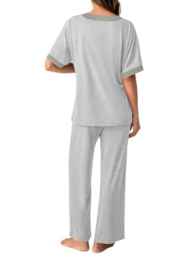 GKBK Womens Two Piece Outfits Pajama Sets 3/4 Dolman Sleeve V Neck Sleepwear Nightwear Loungewear Matching Pjs 2 Piece Lounge Set Lightweight Sweatsuit Fall Fashion Ooutfit Gray L - Thumbnail 3