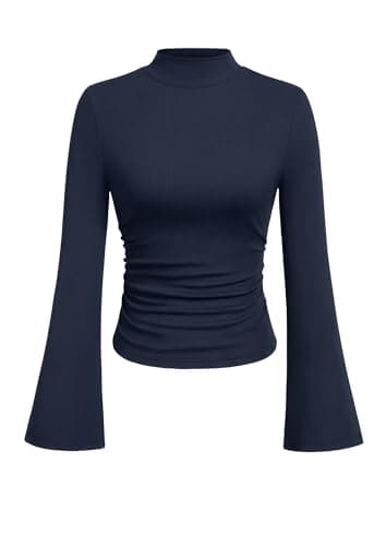 PRETTYGARDEN Womens Long Bell Sleeve Mock Neck Ribbed Tops (Navy,XS) - Image 1