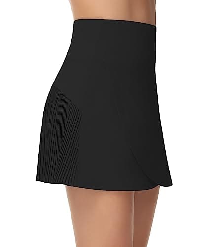 THE GYM PEOPLE Women's High Waisted Tennis Skirts Crossover Hemline Back Pleated Golf Skorts with Inner Shorts Black - Image 1