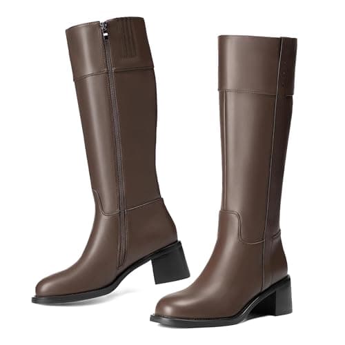 Reitoye Knee High Brown Boots Women Round Toe Chunky Block Heeled Boots Side Zipper Tall Gogo Boots Shoes Size 8.5 - Image 1