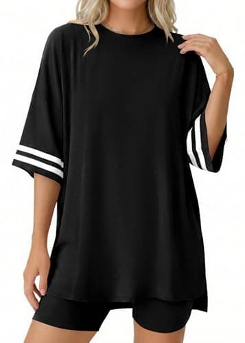 KIRUNDO Women's 2 Piece Lounge Set Airport Travel Outfit 2026 Summer Oversized Shirts Matching Biker Shorts Fashion Clothing(Black, X-Large) - Thumbnail 4