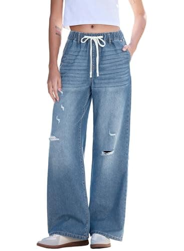 Dokotoo Wide Leg Womens Jeans Casual Trendy Ripped Mid Rise Stretchy Loose Fit Boyfriend Drawstring Baggy Pants with Pockets Straight Leg Denim Jeans Ladies Pants Dusk Blue - Image 1