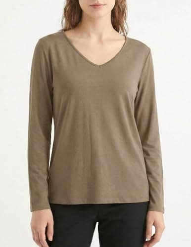 GAMISS Women's Top V Neck Tee Basic Solid Color Long Sleeve Underlayer Shirt Brown XL - Thumbnail 2