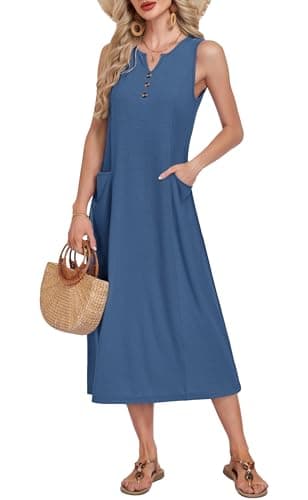 MOLERANI Midi Dress with Pockets V Neck Sleeveless Button Down Casual Summer Beach Vacation Dresses for Women Comfort, Beja Blue, 2XL - Thumbnail 4