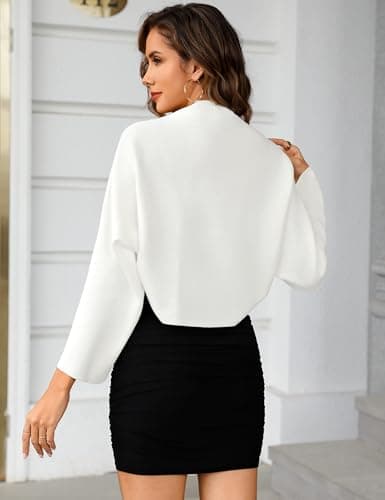 Totatuit Womens Cropped Cardigan Shrug 2-in-1 Open Front Sweater with Button Long Sleeves Y2K Knit Wrap Shawl White S - Thumbnail 3