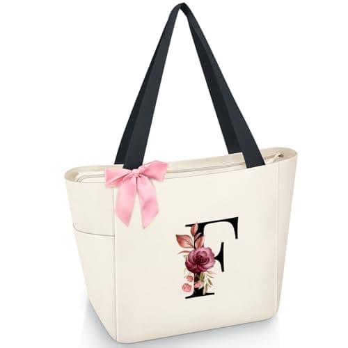 Vavabox Tote Bag, A-Z Initial Monogrammed Waterproof Tote Bag, Bridesmaid Gifts for Women, Black and Pink (F, Beige) - Image 1