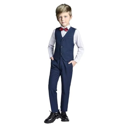 Fersumm Boys Vest Set Formal Suit Tuxedo Pants Shirt and Tie Toddler Slim Fit 4 Piece Suits Blue Size 7 - Image 1