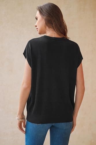 Arach&Cloz Womens Spring Summer Short Sleeve Oversized Sweaters Cashmere Lightweight Crew Neck Business Casual Clothing Work Blouse Tops Dressly Capsule Wardrobe Teacher Outfits Trendy Black XXL - Thumbnail 4