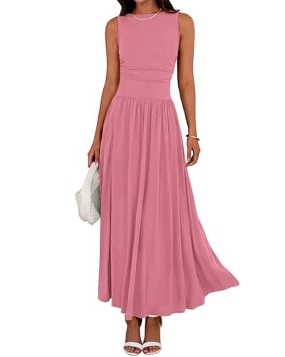 BTFBM Summer Maxi Dresses for Women 2026 Spring Sleeveless Casual Ruched High Waisted Long Sundress Flowy Beach Dress(Pink, XX-Large) - Image 1