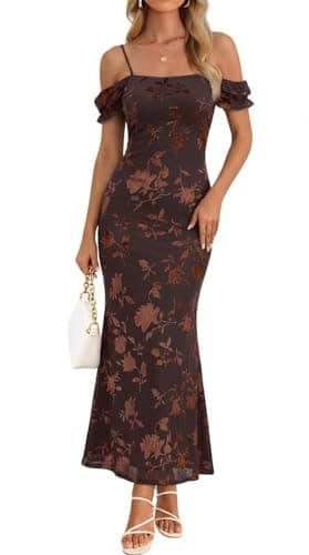 MEROKEETY Women's 2026 Summer Off The Shoulder Spaghetti Strap Floral Mesh Wedding Guest Cocktail Formal Party Maxi Dresses, Brown, Small - Image 1