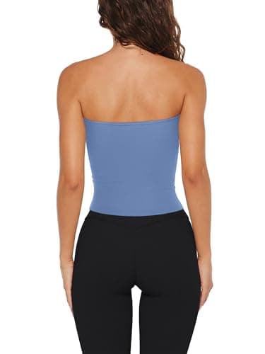 LASLULU Womens Bandeau Tube Top Cropped Workout Athletic Shirts Sexy Basic Strapless Yoga Gym Pilates Tops Y2K Summer Fashion 2026(Sky Blue X-Large) - Thumbnail 4