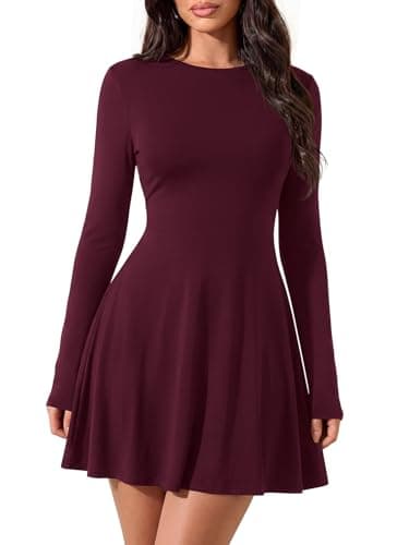 PRETTYGARDEN Long Sleeve Fall Wedding Guest Dresses for Women 2026 Elegant Classy Crewneck Stretchy Sweater Dress Tie Waist (Burgundy, Small) - Image 1