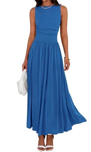 BTFBM Summer Maxi Dresses for Women 2026 Spring Sleeveless Casual Ruched High Waisted Long Sundress Flowy Beach Dress(Blue, XX-Large) - Image 1
